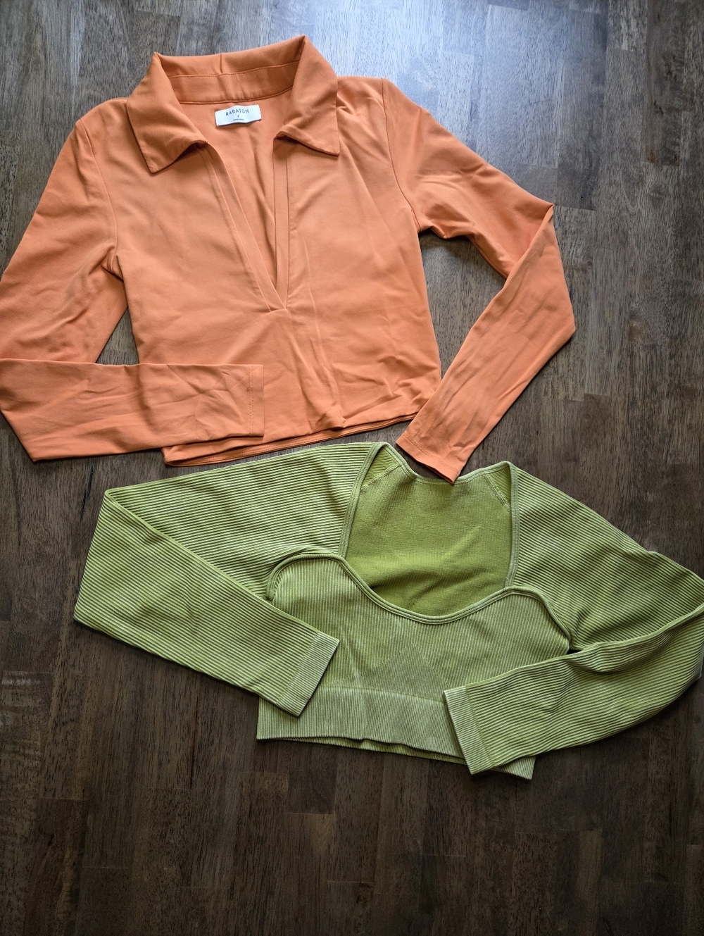 Orange Collared V-Neck Crop Top & Green Ribbed Crop Top - Two Piece Set